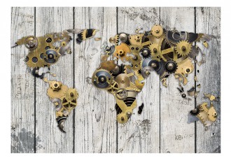 Fotótapéta - Mechanika mintás világtérkép fa háttérrel